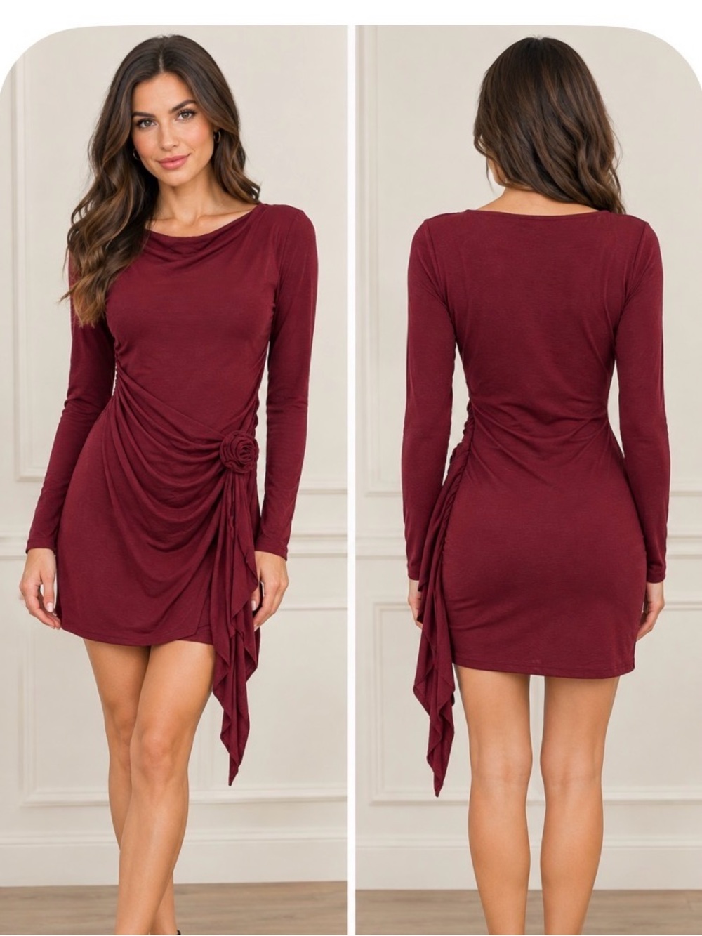 White Fox Women's Long Sleeve Ruched Rose Detail Dress - Burgundy sz L